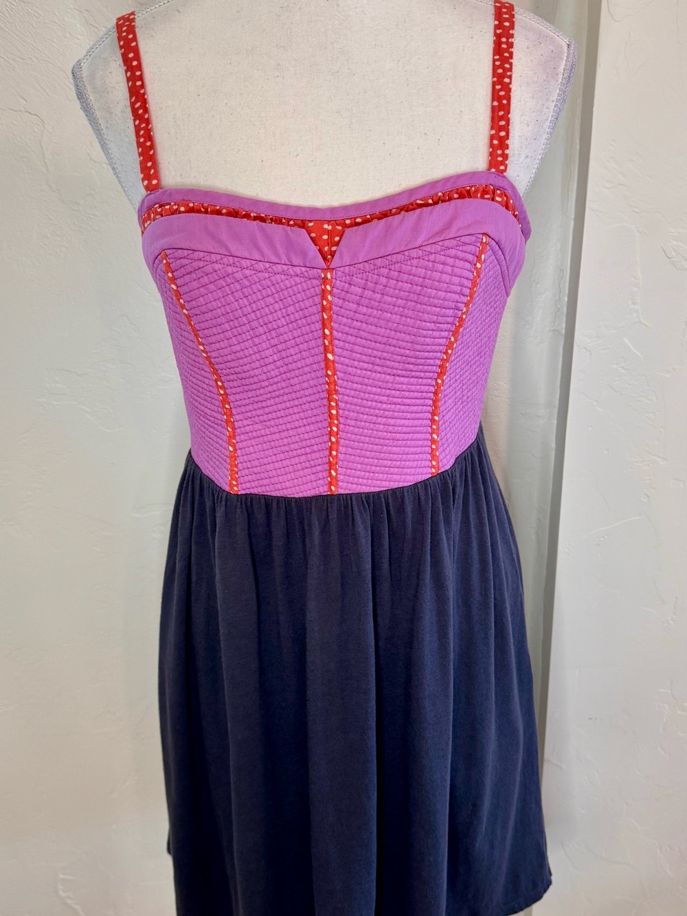 Lilka Anthropologie Pink Navy Fit & Flare Dress Small Quilted Bodice